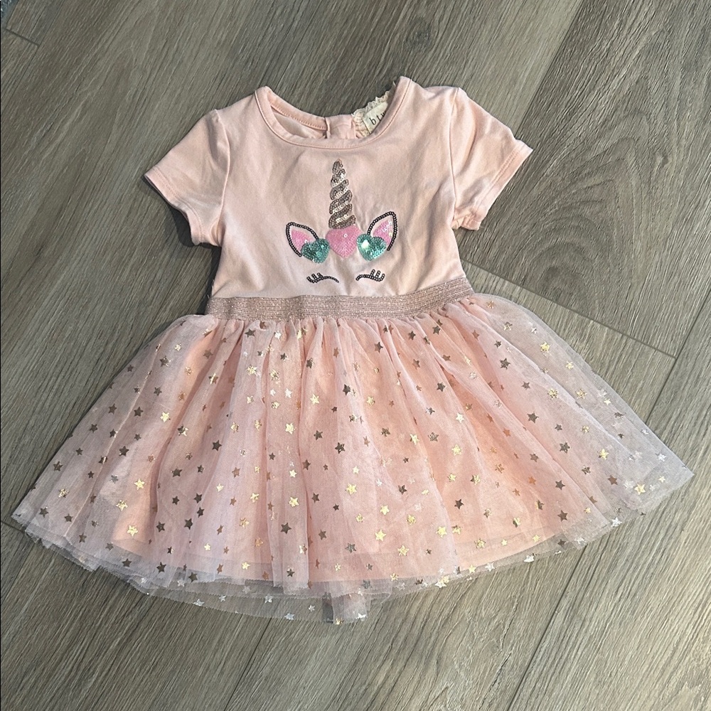Btween Soft Pink Unicorn Dress with Star accents and Lace Detail Size 18 months